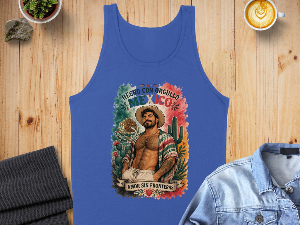 Blue tank top with "Hecho con Orgullo Mexico" graphic of a man wearing a sombrero.