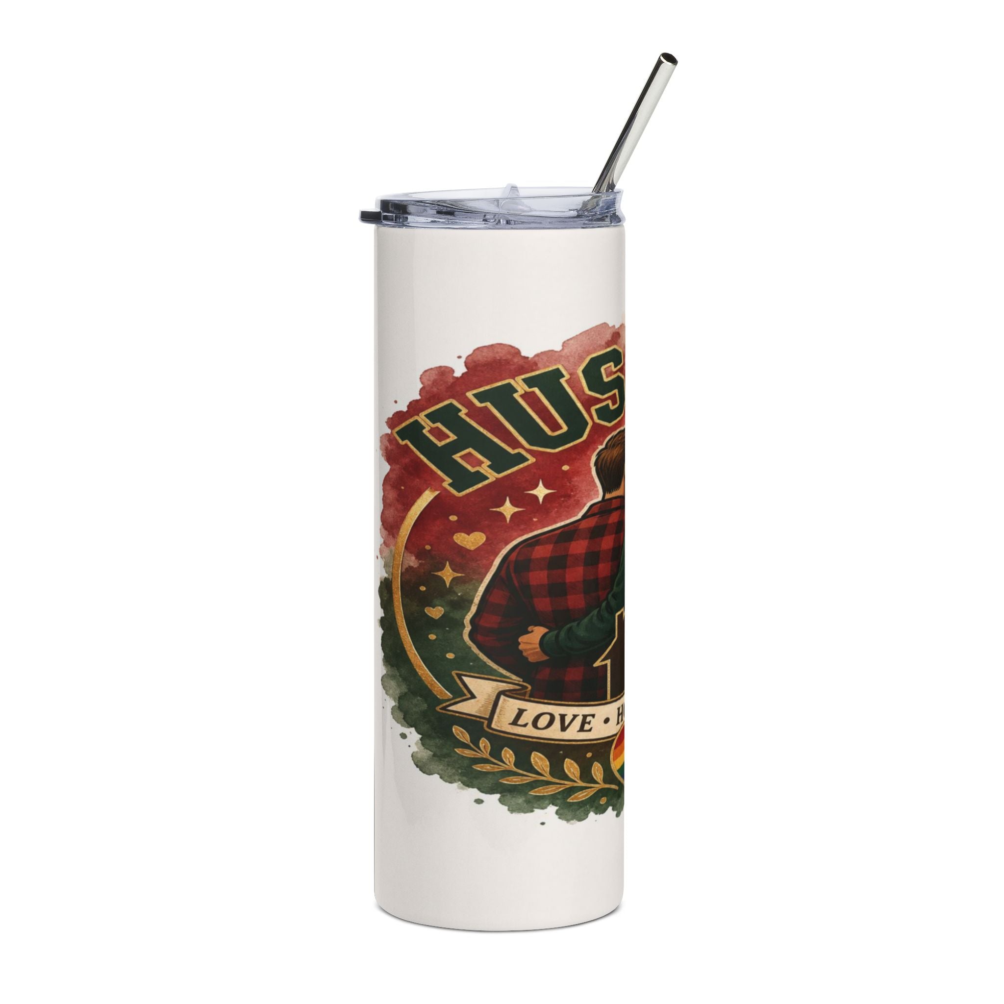 White tumbler with a graphic depicting two men and the word "HUSBAND" and "LOVE".