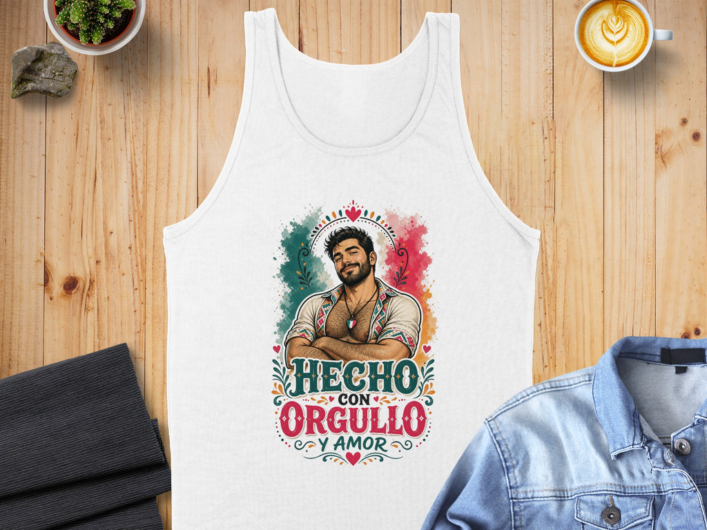 White tank top featuring a man with "HECHO CON ORGULLO Y AMOR" text.