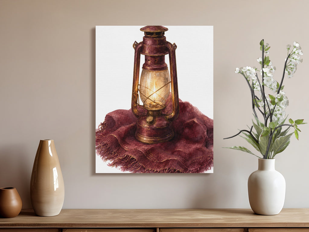 Vintage brass lantern with lit wick rests on textured maroon fabric.