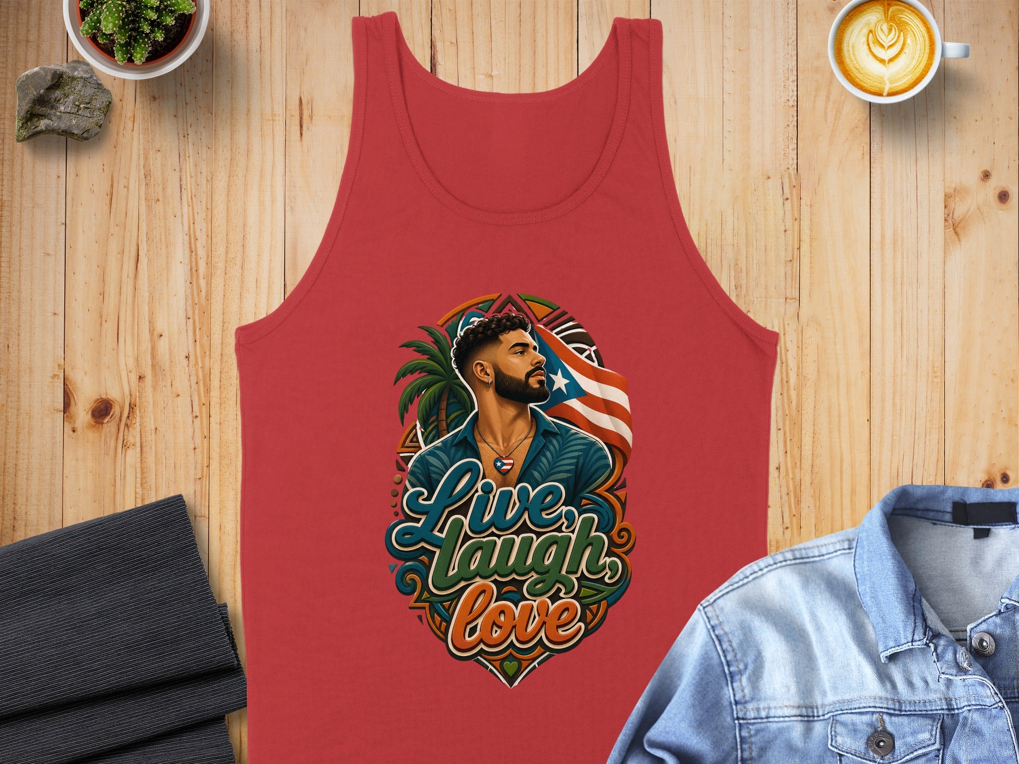 Red tank top with colorful "Live Laugh Love" graphic featuring a man and Puerto Rican flag.