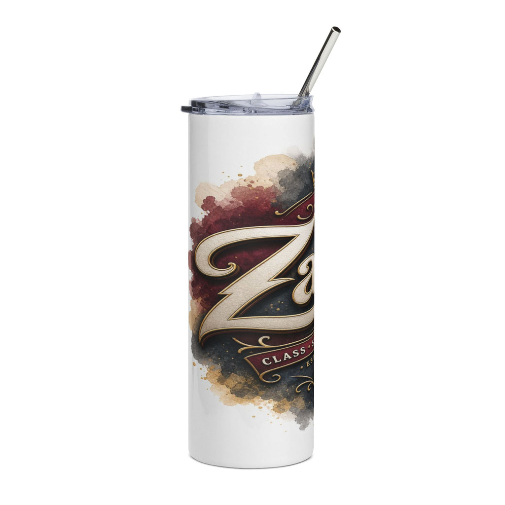 White tumbler with "Z" design, "Class" and "Est." text, and a metal straw.