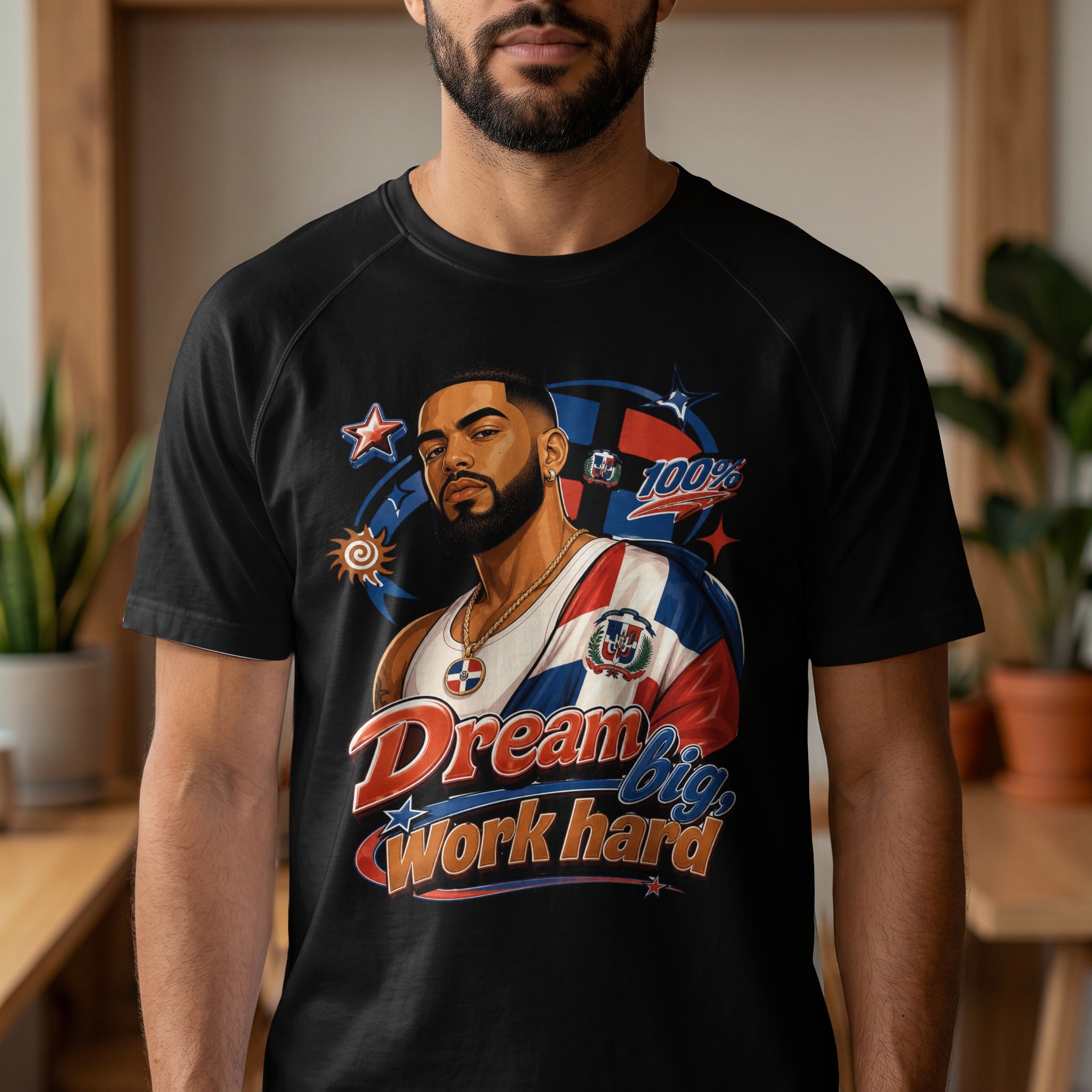 T-shirt featuring a man with Dominican flag and "Dream Big Work Hard" text.