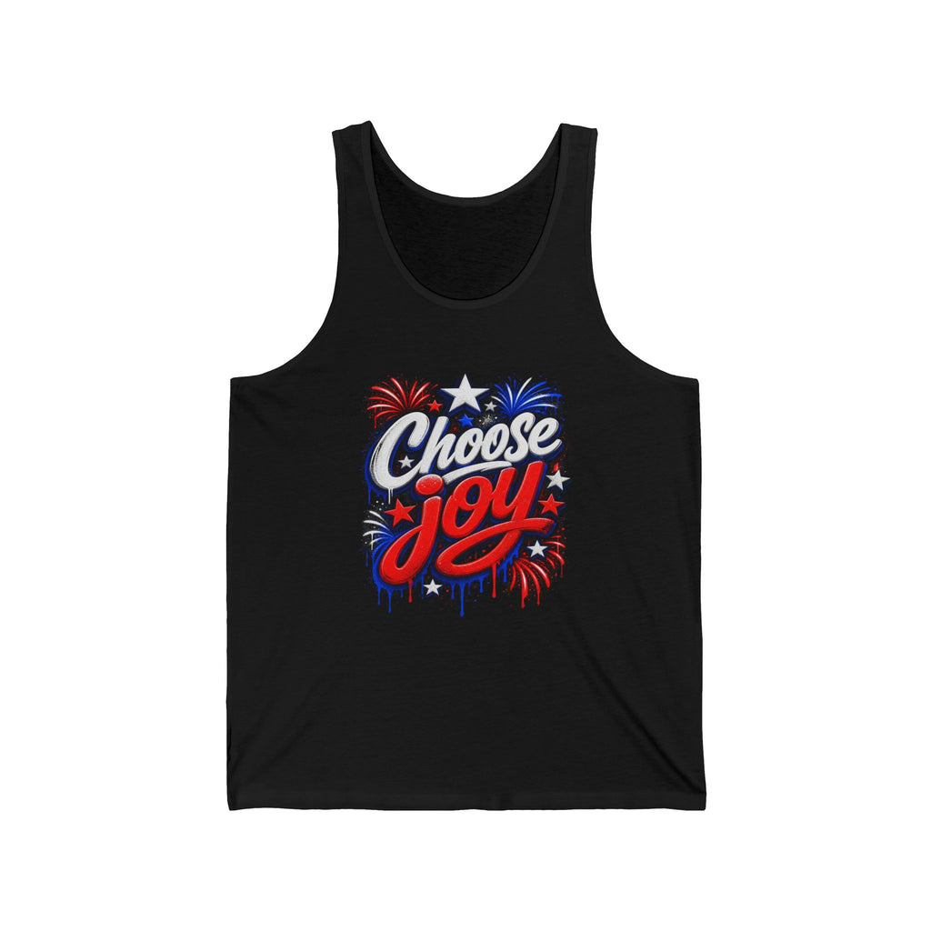 Black tank top with "Choose Joy" text and fireworks design.
