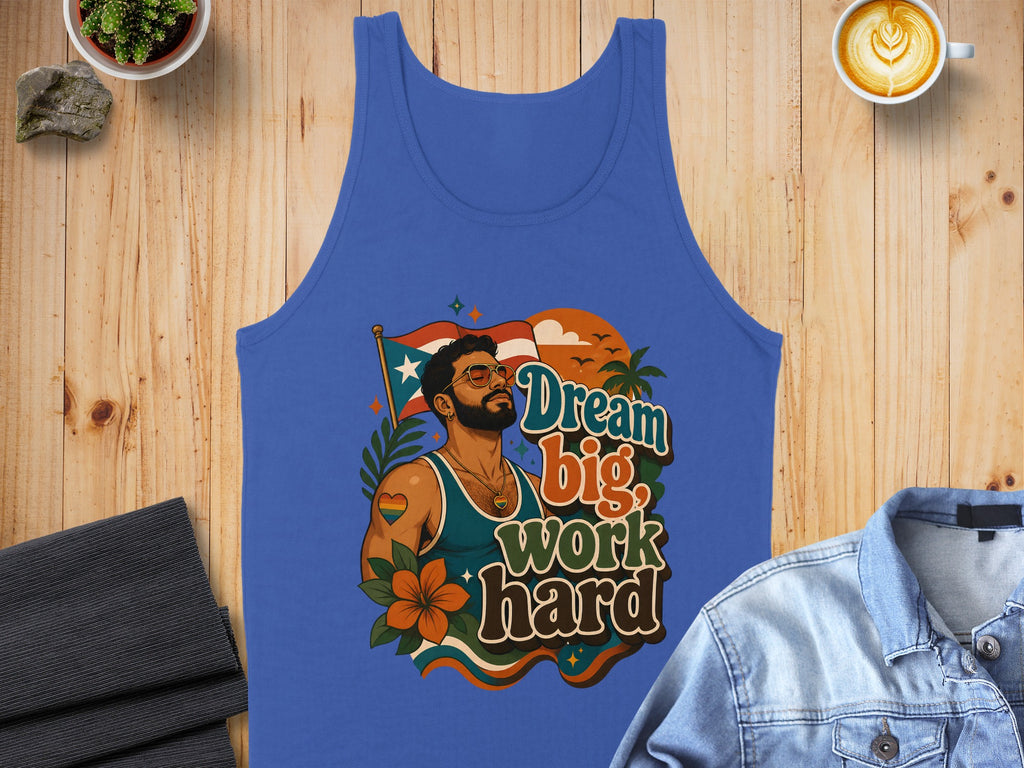 Blue tank top with "Dream big, work hard" text and Puerto Rican flag.