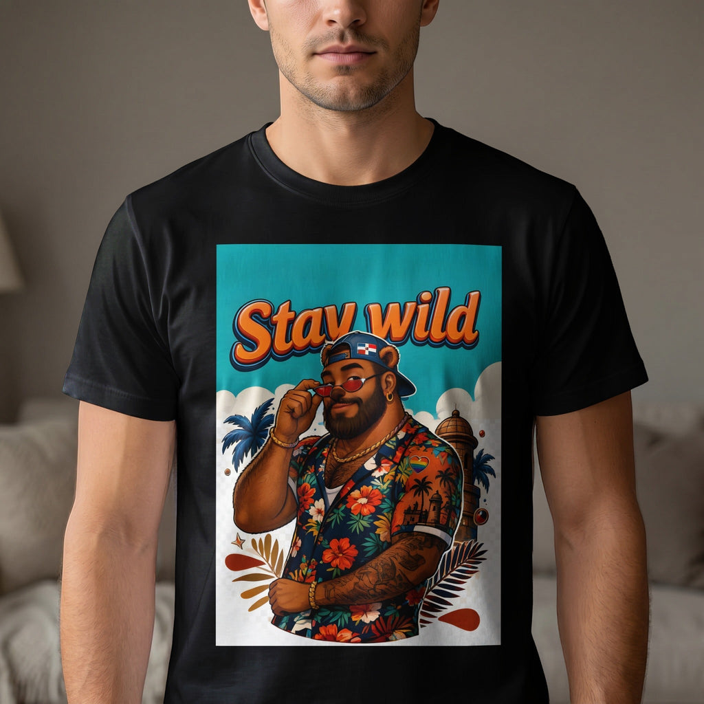 Man in black t-shirt wearing sunglasses and floral shirt, "Stay Wild" text.