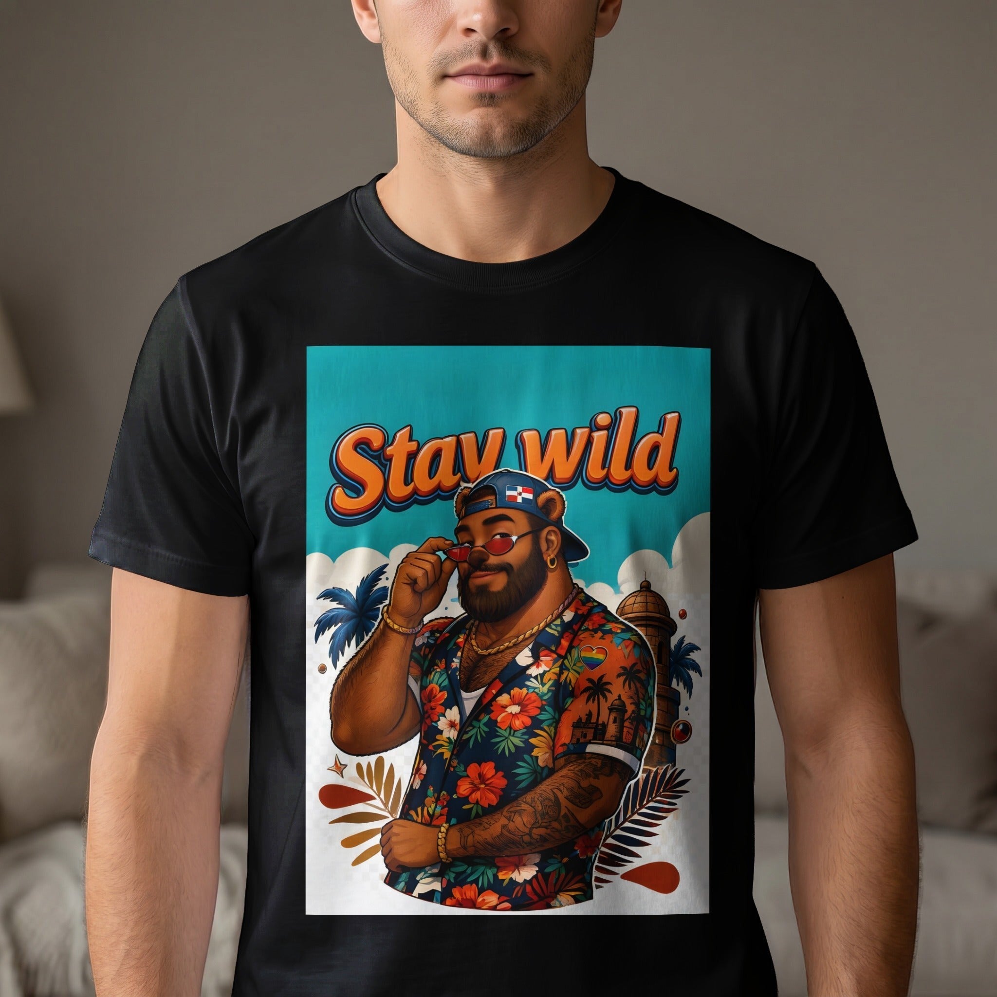 Man in black t-shirt wearing sunglasses and floral shirt, "Stay Wild" text.