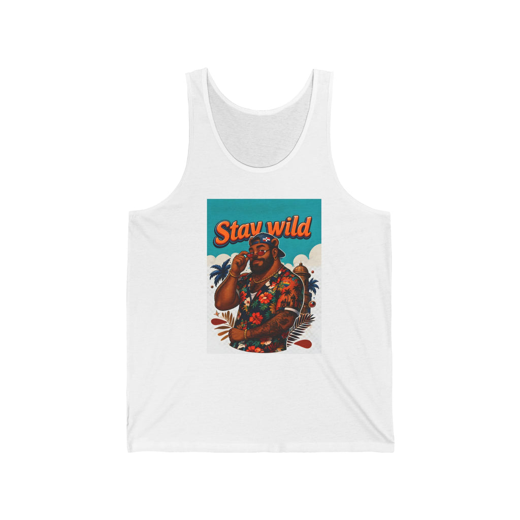Man wearing sunglasses and floral shirt on tank top, "Stay wild" text.