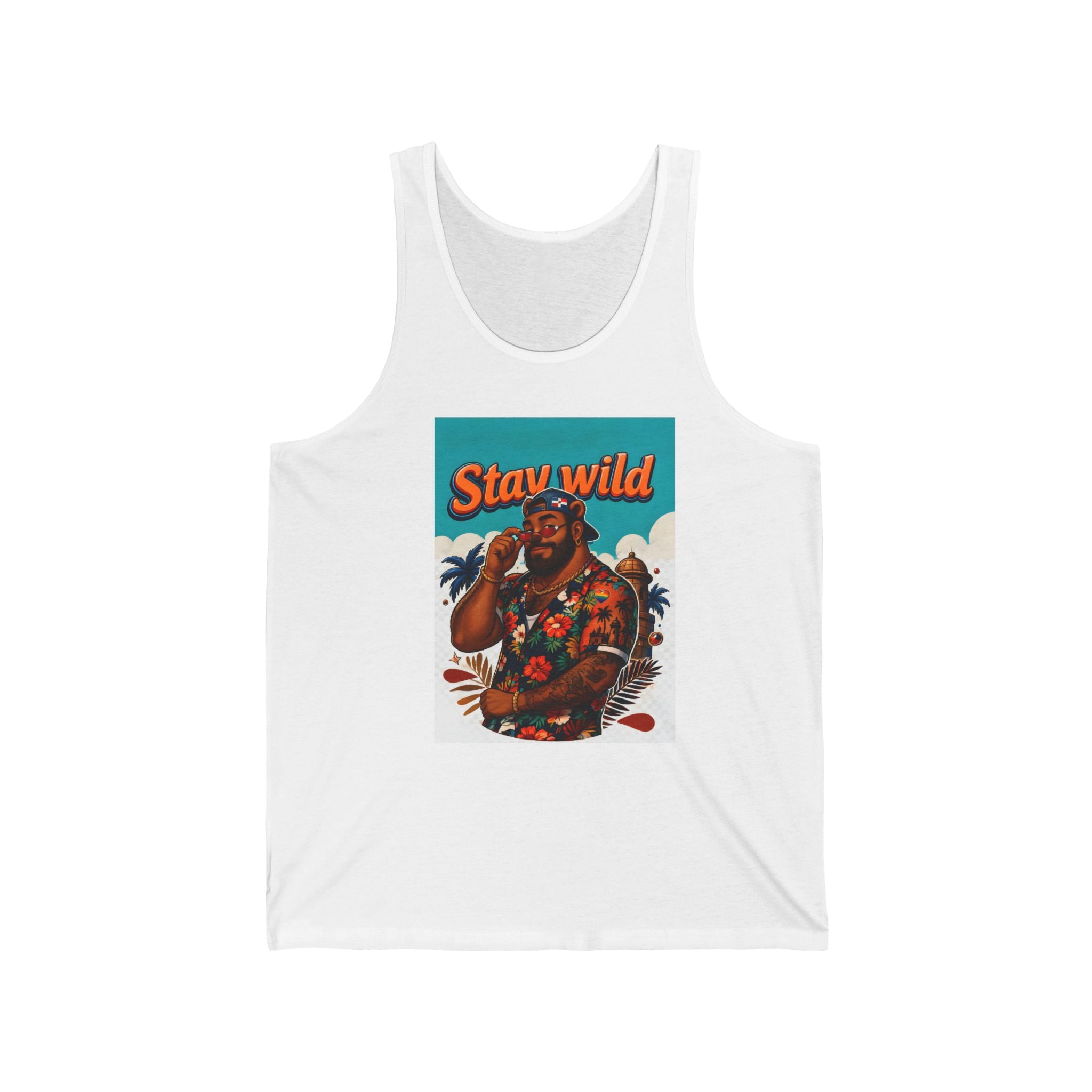 Man wearing sunglasses and floral shirt on tank top, "Stay wild" text.