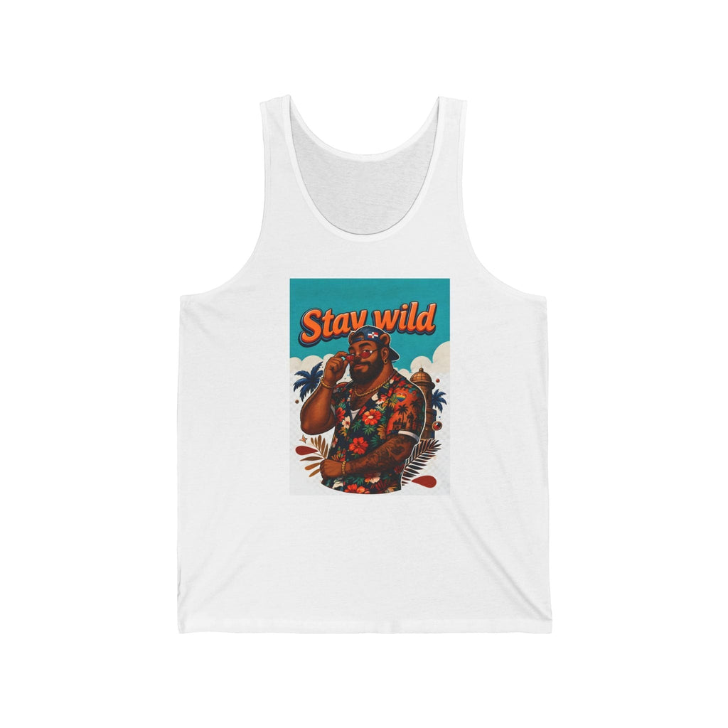 Man wearing sunglasses and floral shirt on tank top, "Stay wild" text.