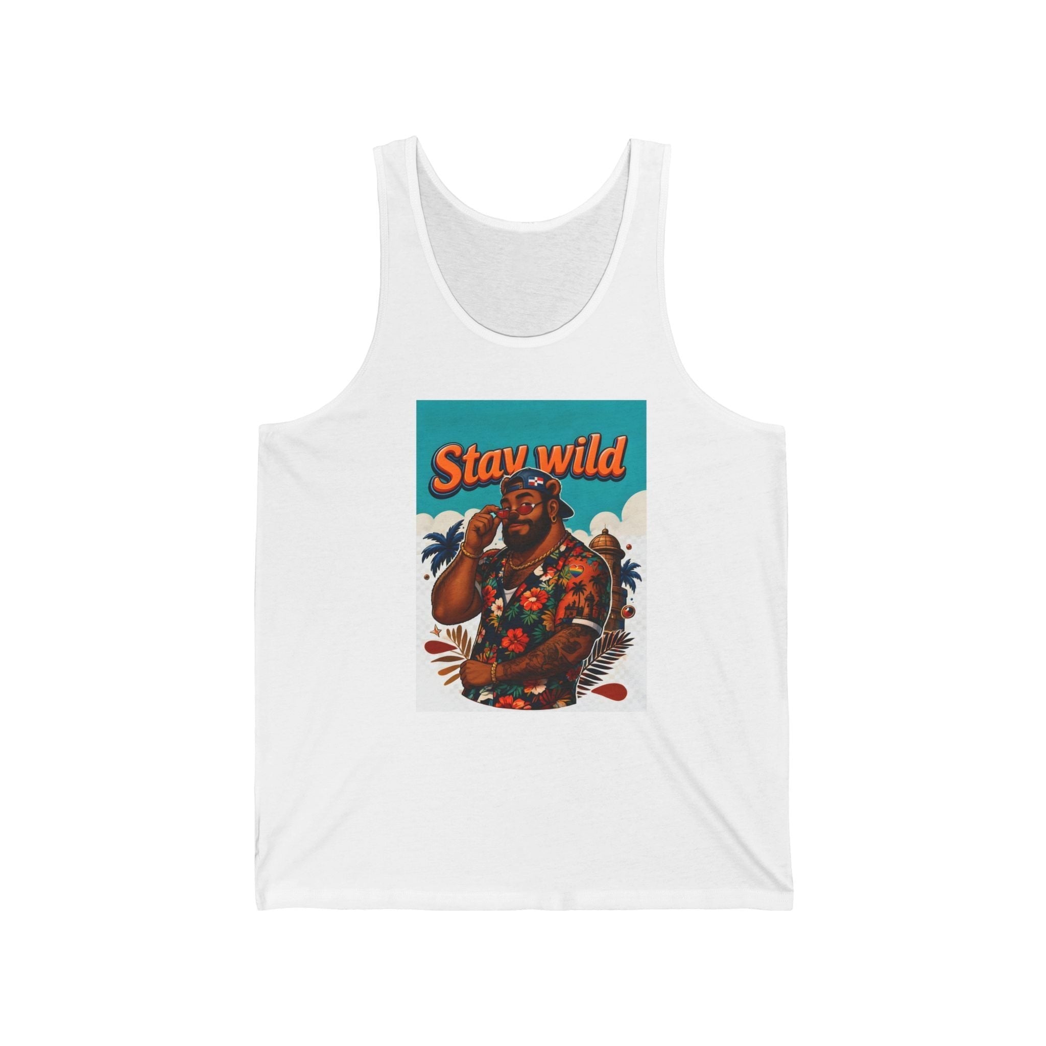 Man wearing sunglasses and floral shirt on tank top, "Stay wild" text.