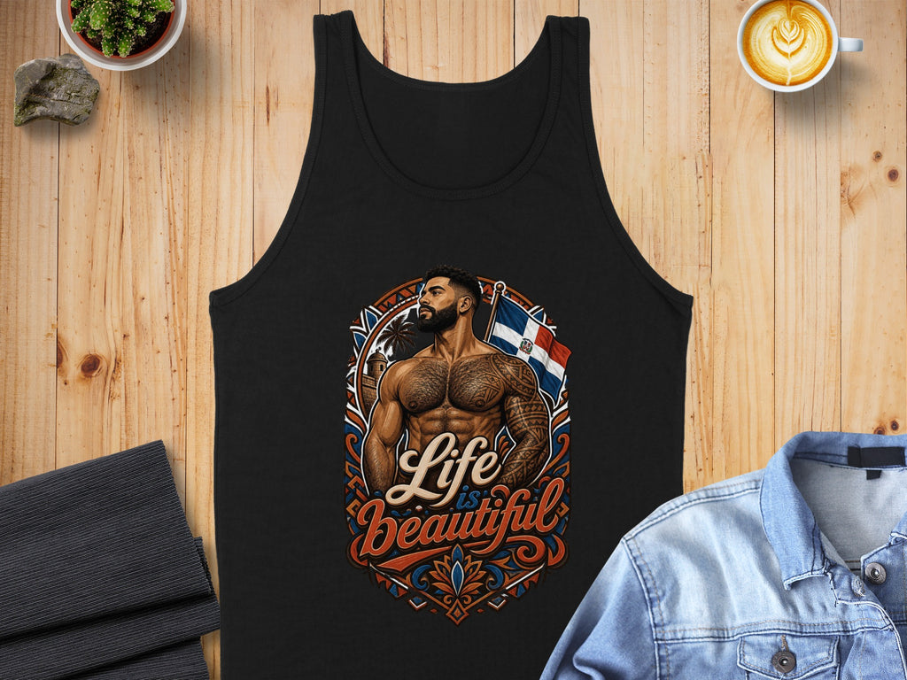 Black tank top with a muscular man design and "Life is Beautiful" text.