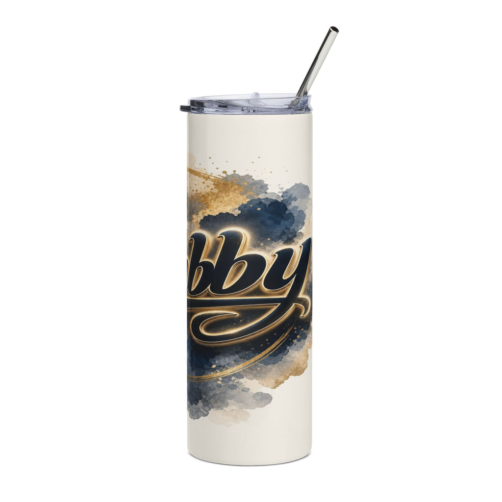 White tumbler with "bb by" in gold and dark blue watercolor design.