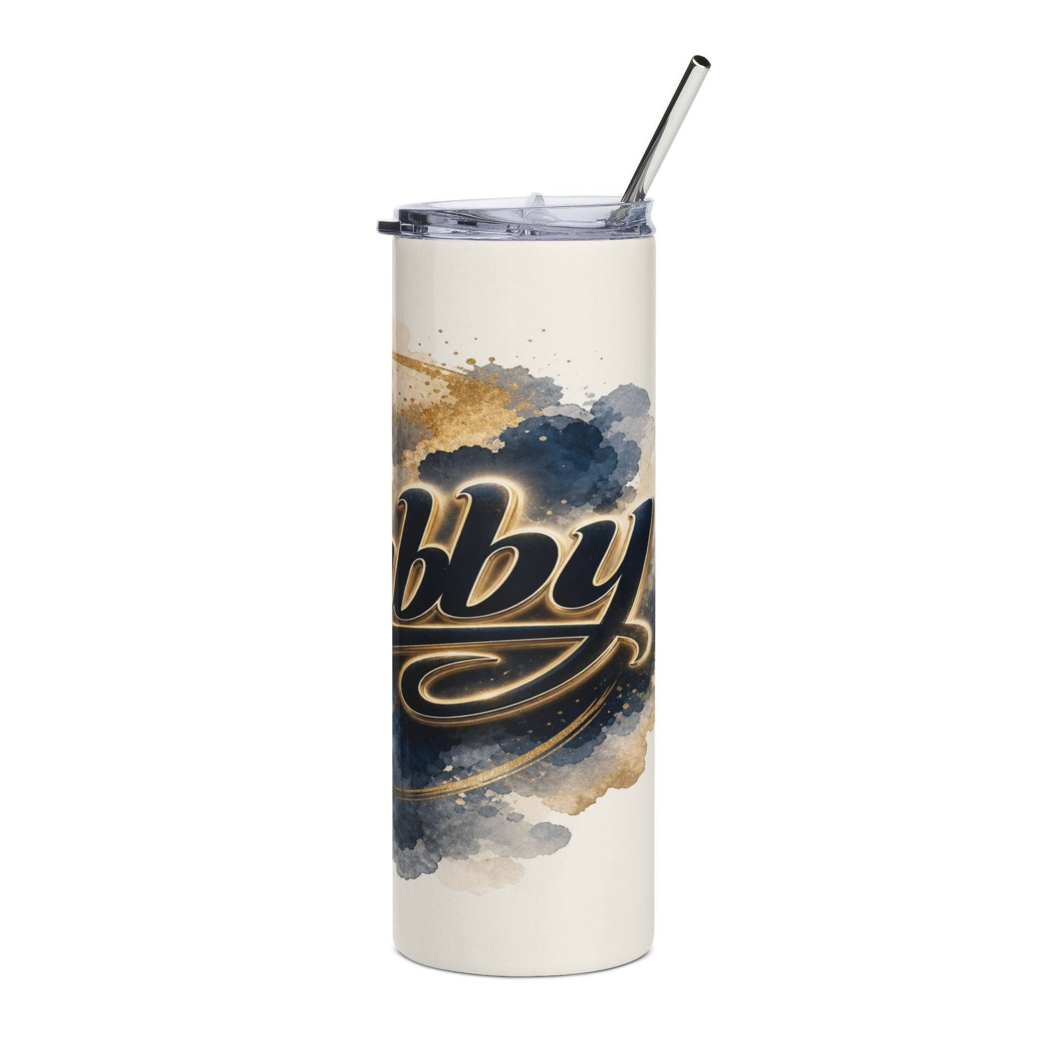 White tumbler with "bb by" in gold and dark blue watercolor design.