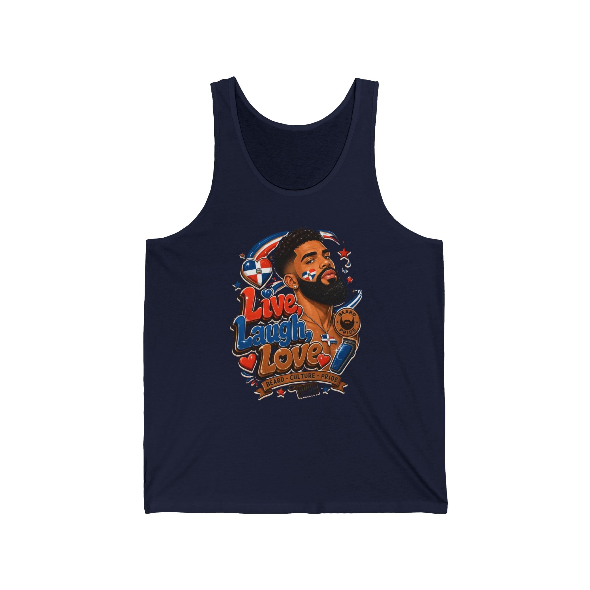 Navy tank top with graphic of man, flag, and "Live Laugh Love" text.