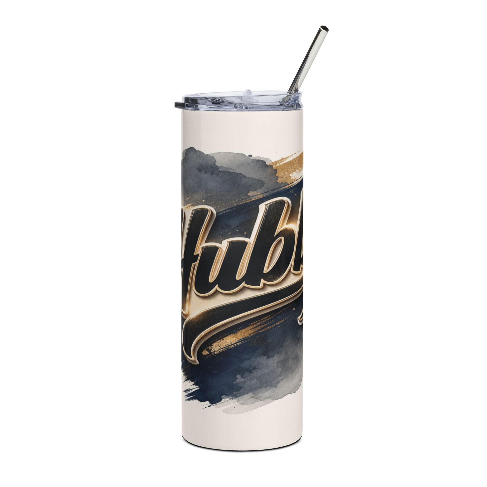 Tumbler with abstract blue and gold paint splatter design and "Hubba" text.