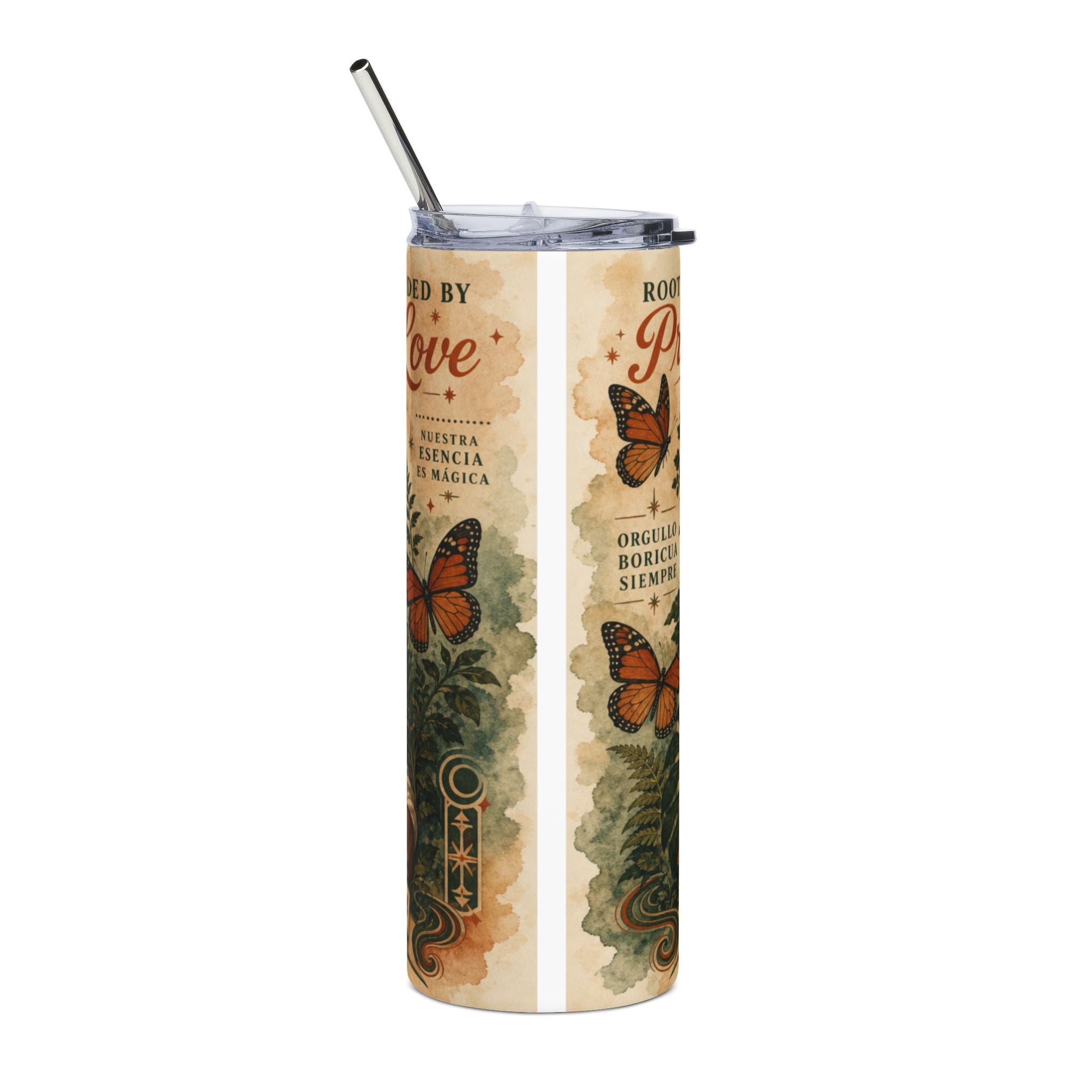Tall tumbler with butterflies, ferns, and text reading "Rooted by Love."