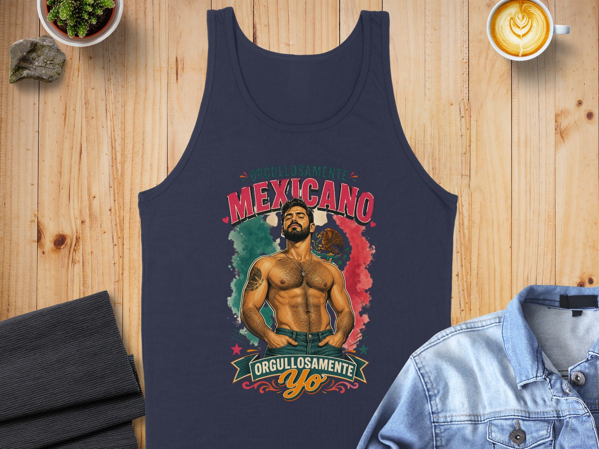 Dark blue tank top with "Orgullosamente Mexicano" text and a muscular man illustration.