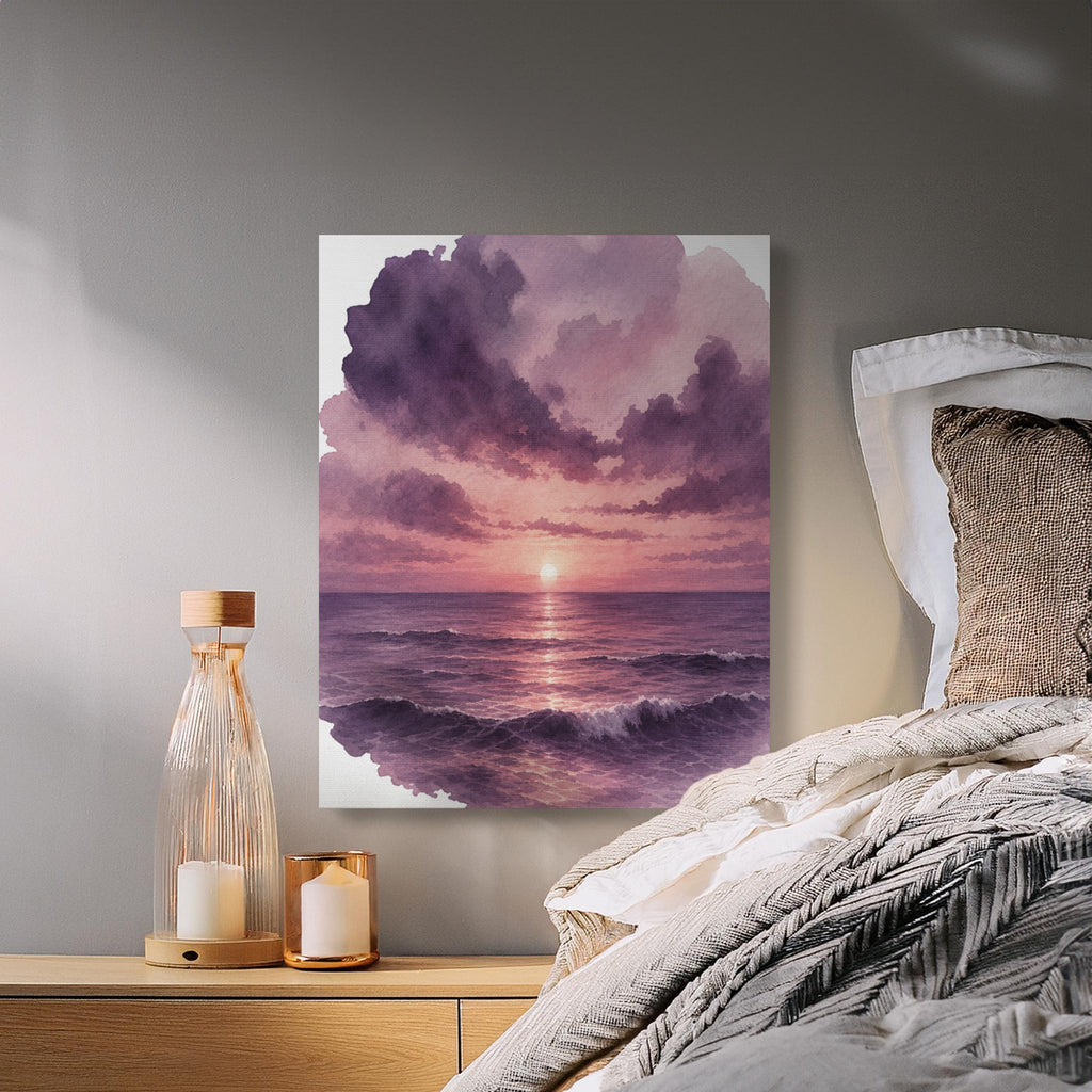 Watercolor painting of a sunset over a purple ocean with clouds.