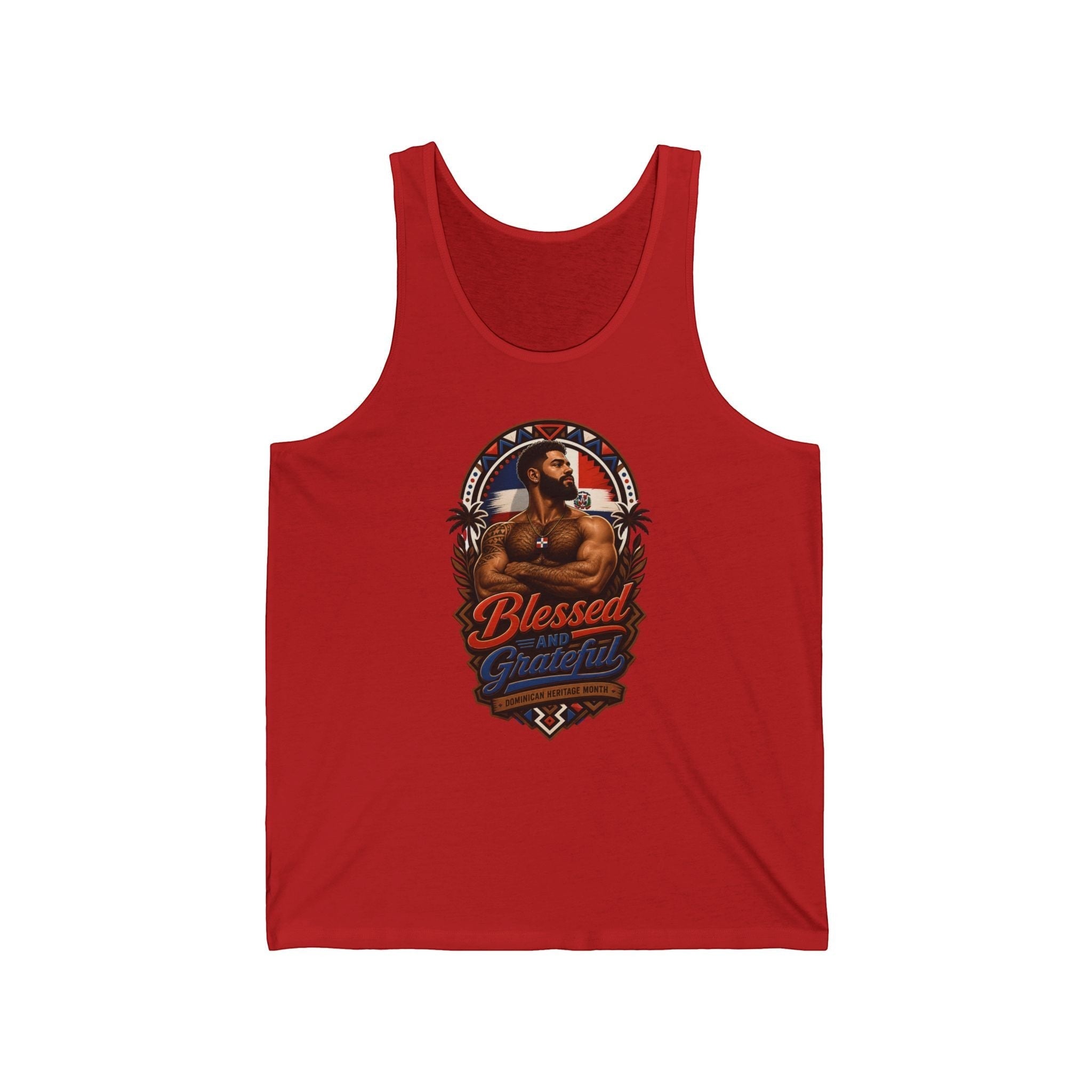 Red tank top with chest graphic of a muscular man and "Blessed and Grateful" text.