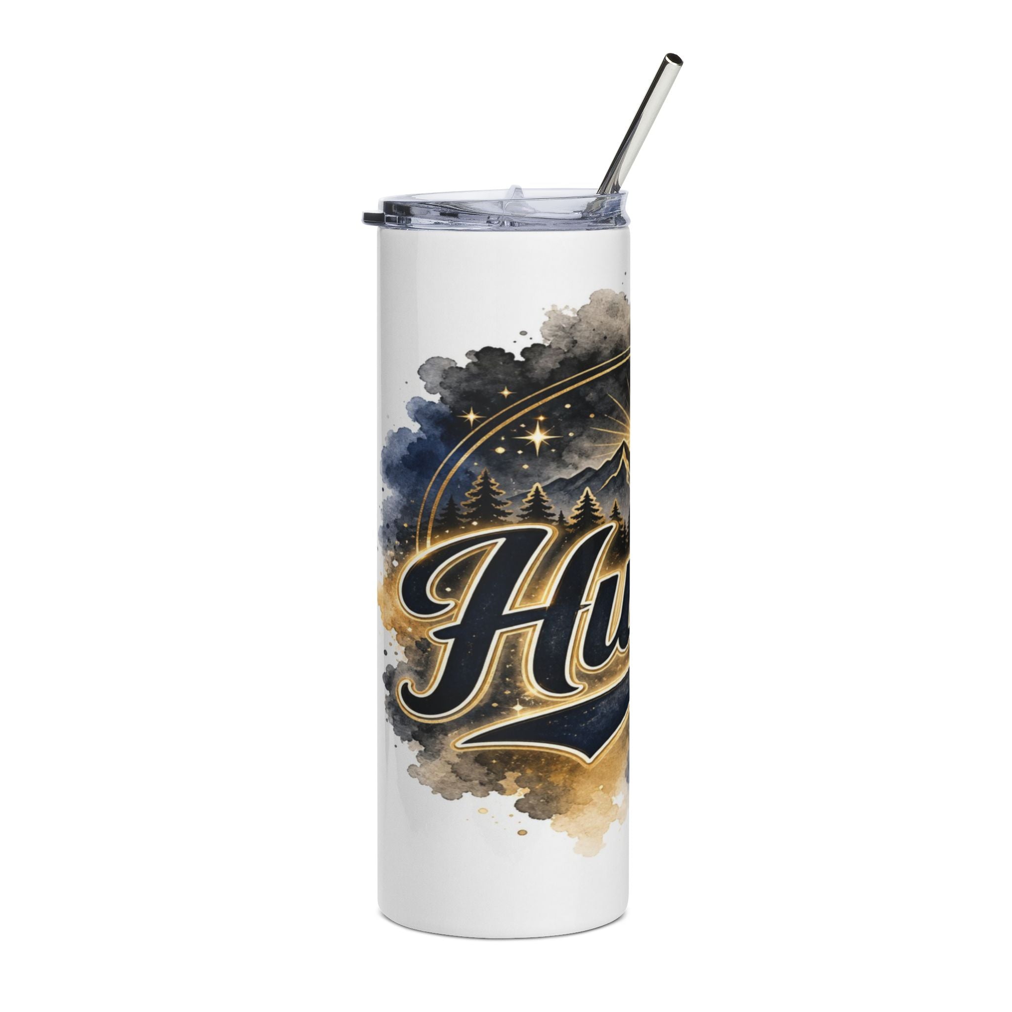 White tumbler with clear lid and metal straw, featuring a night sky and mountain scene.