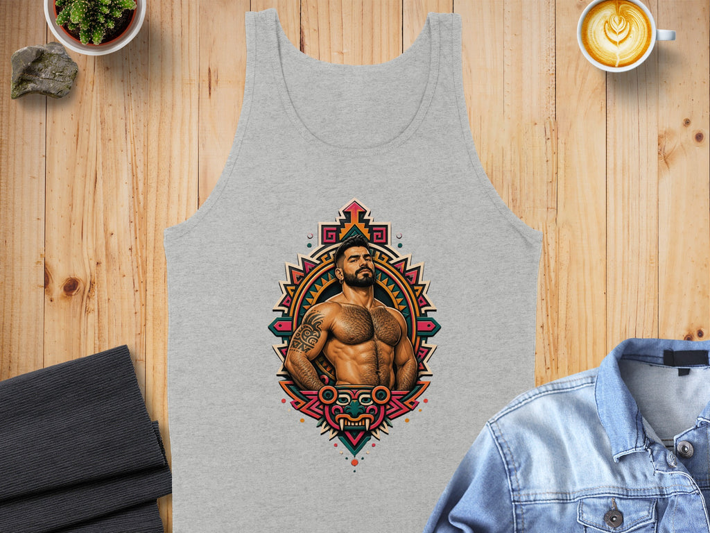 Gray tank top with tattooed man graphic and geometric border.