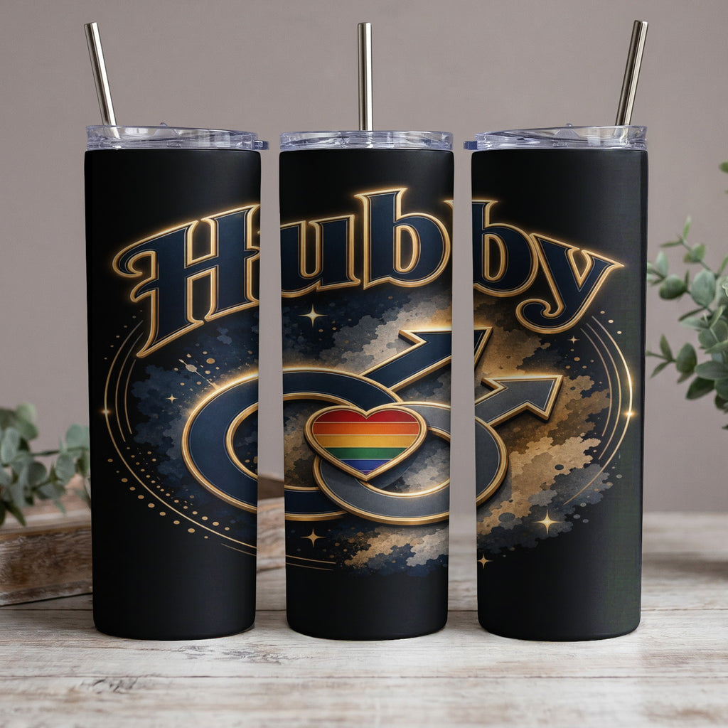 Tumblers with "Hubby" text and rainbow heart symbol.