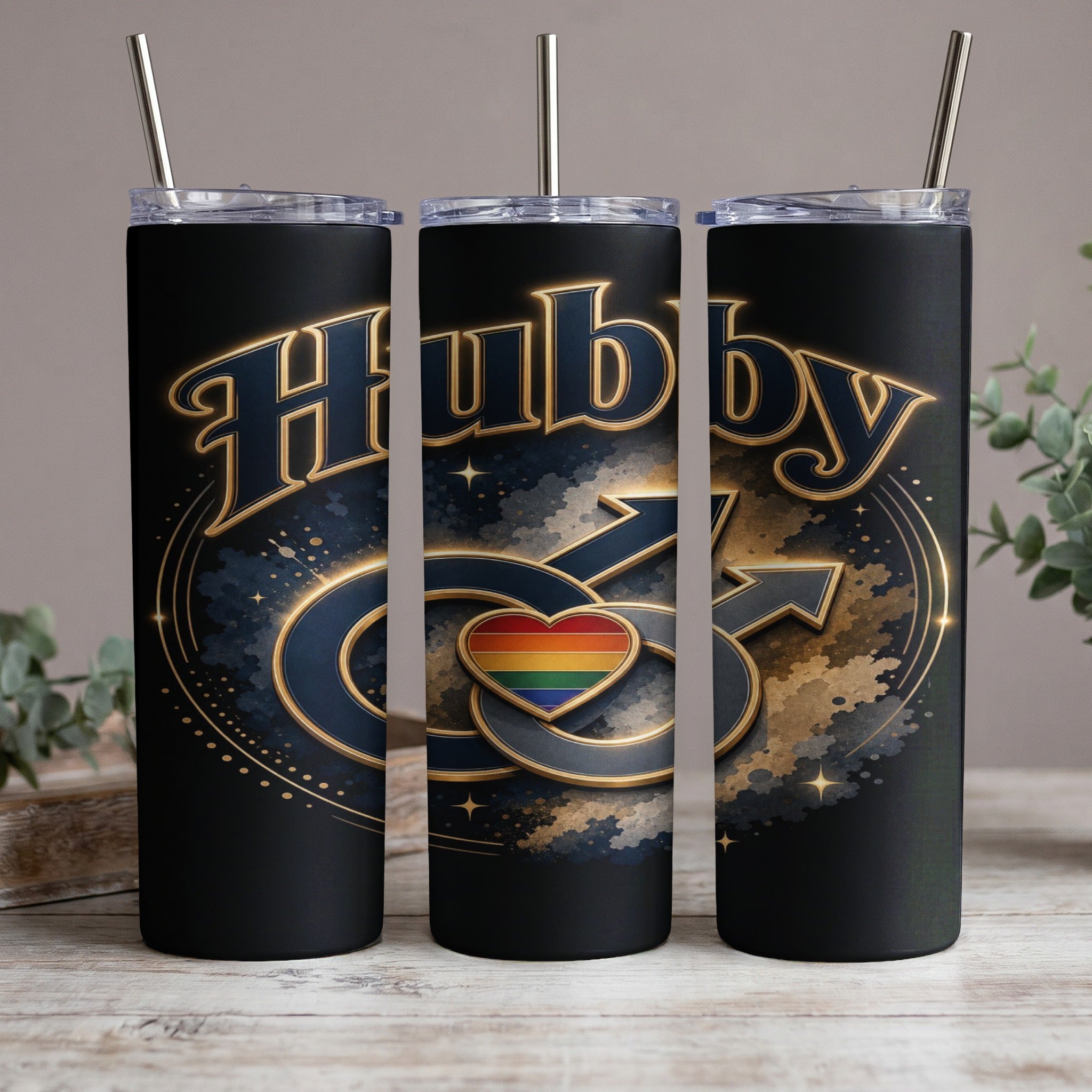 Tumblers with "Hubby" text and rainbow heart symbol.