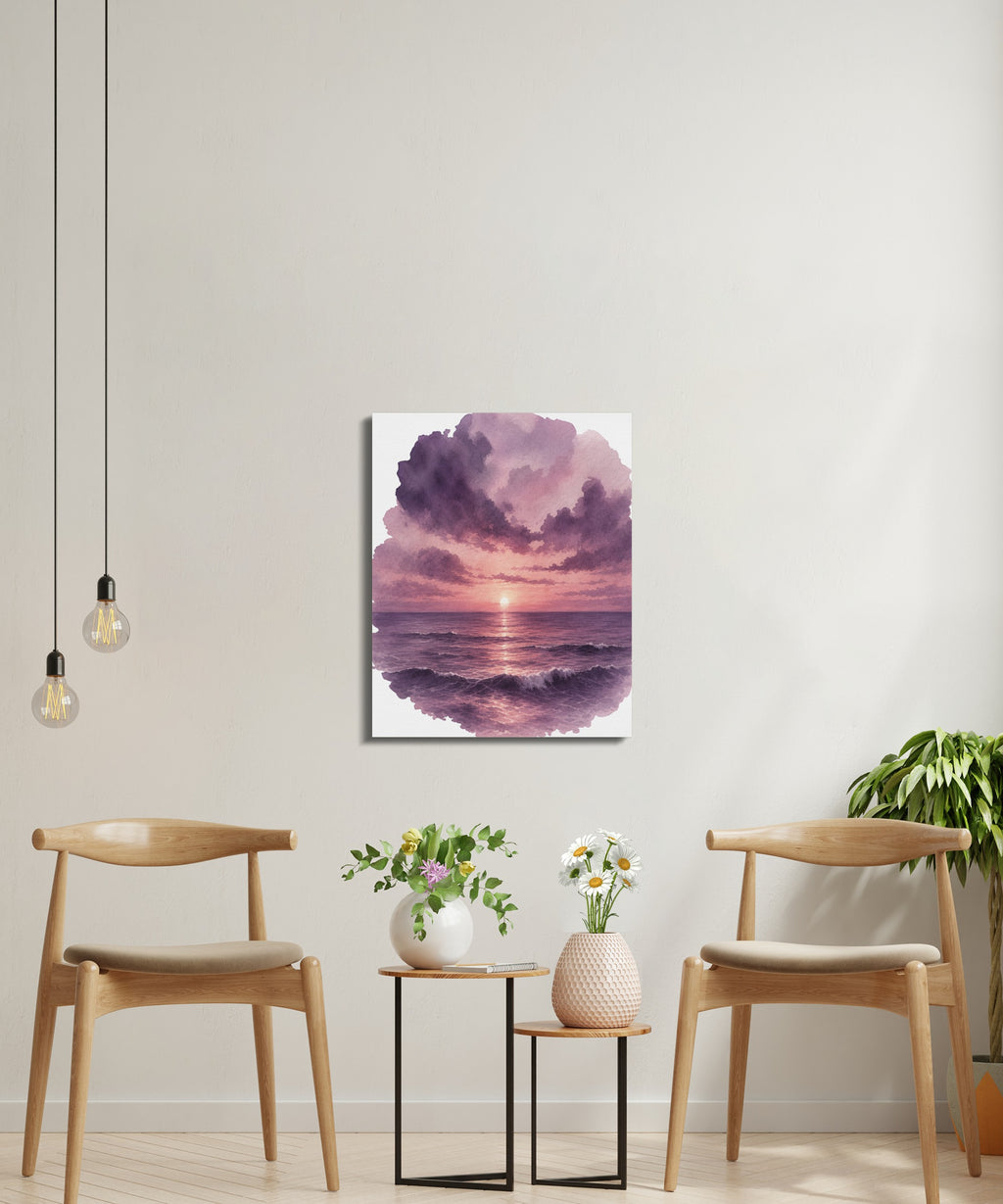 Watercolor painting of a vibrant sunset over the ocean with purple clouds.