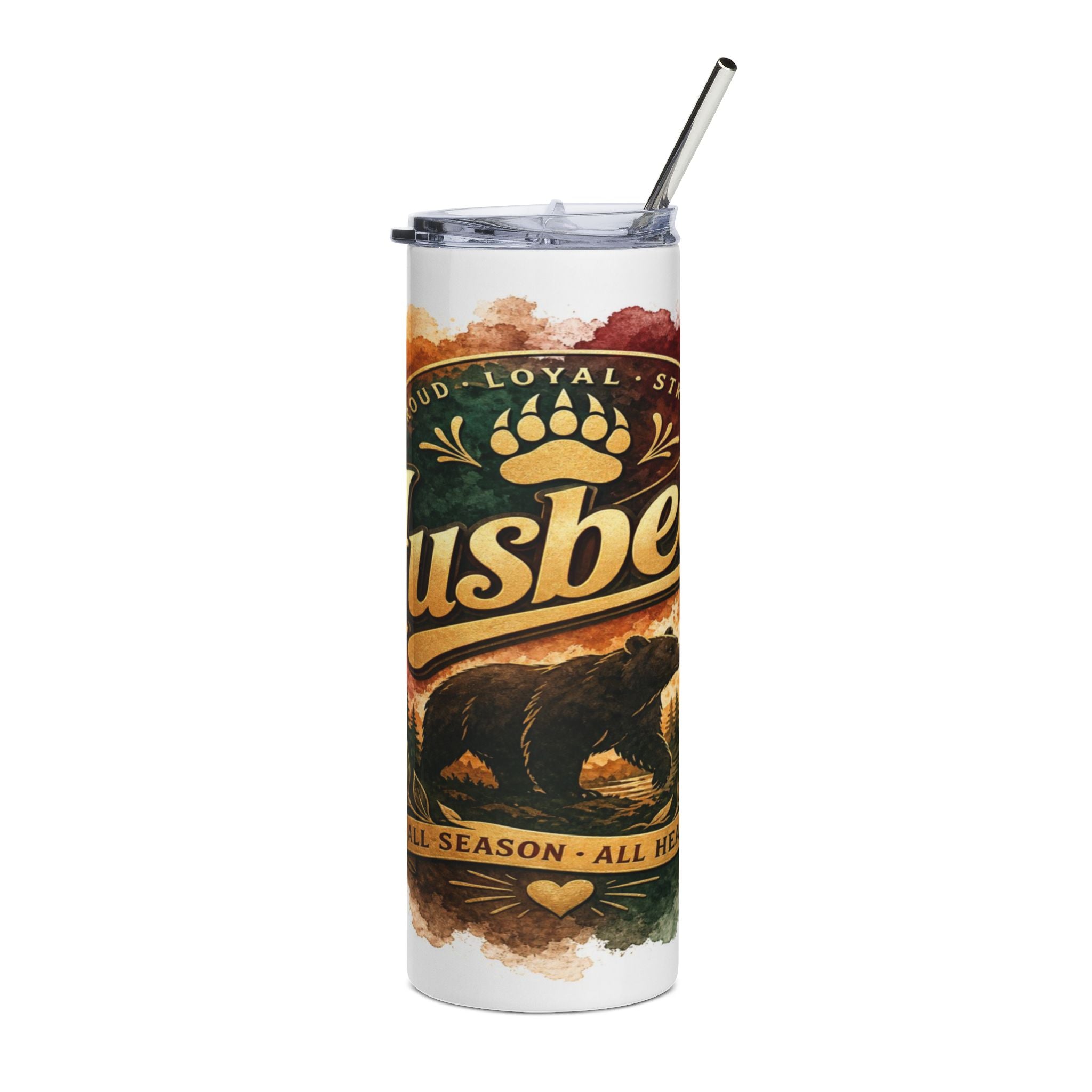 Tumbler with bear graphic, "usbe" text, and paw print.