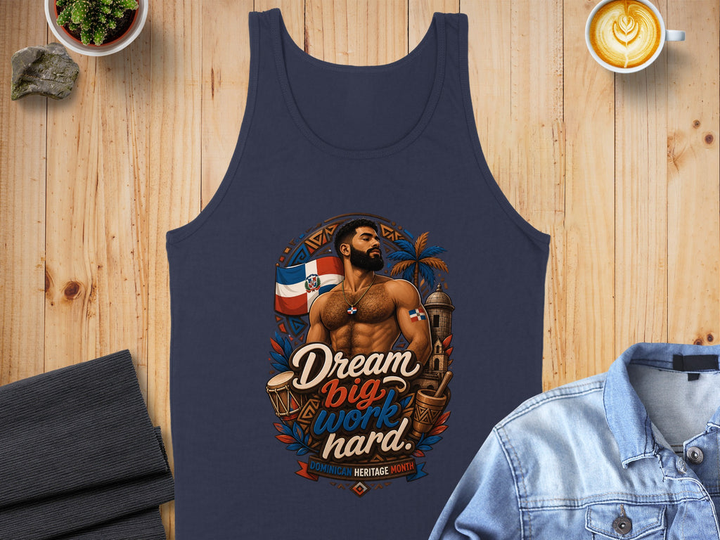 Navy tank top with "Dream big work hard" and Dominican Republic flag and imagery.
