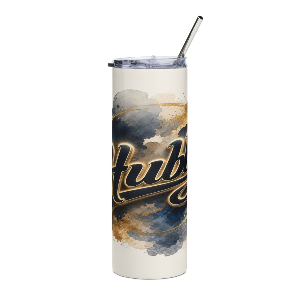 Tall tumbler with abstract blue and gold watercolor design and "Hubby" text.