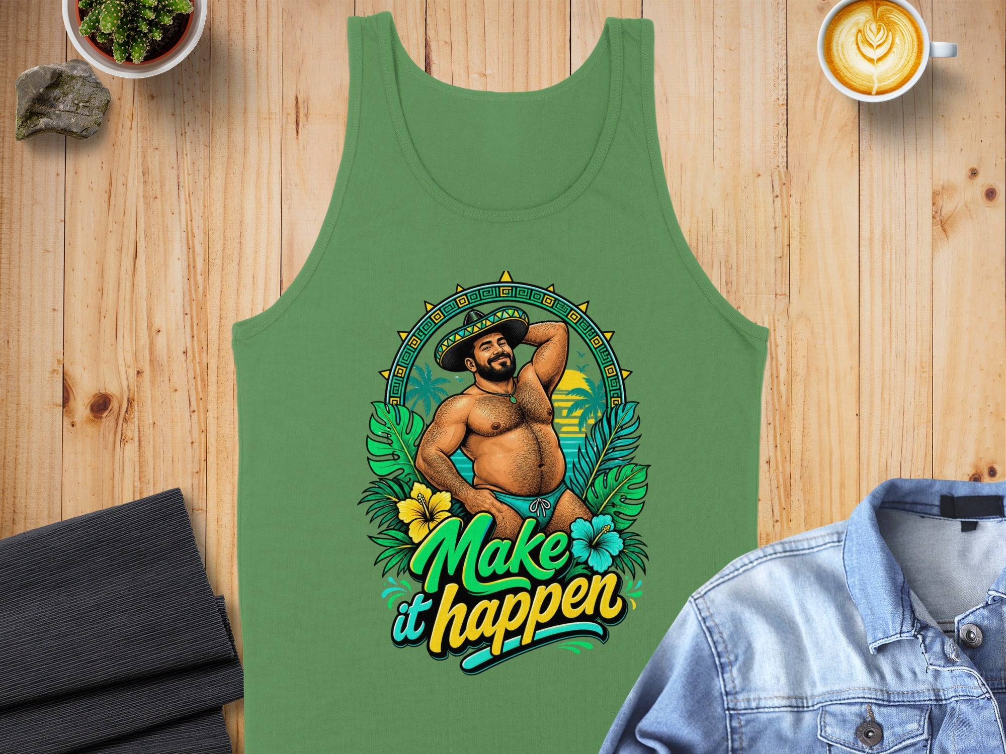 Green tank top with a man in a sombrero and tropical background, text "Make it happen".