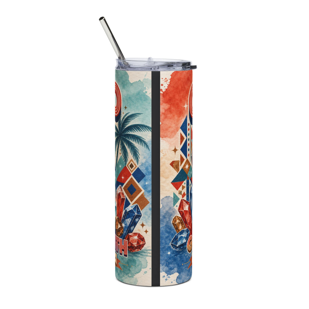 Tall tumbler with watercolor geometric pattern, palm tree, and gemstone accents.