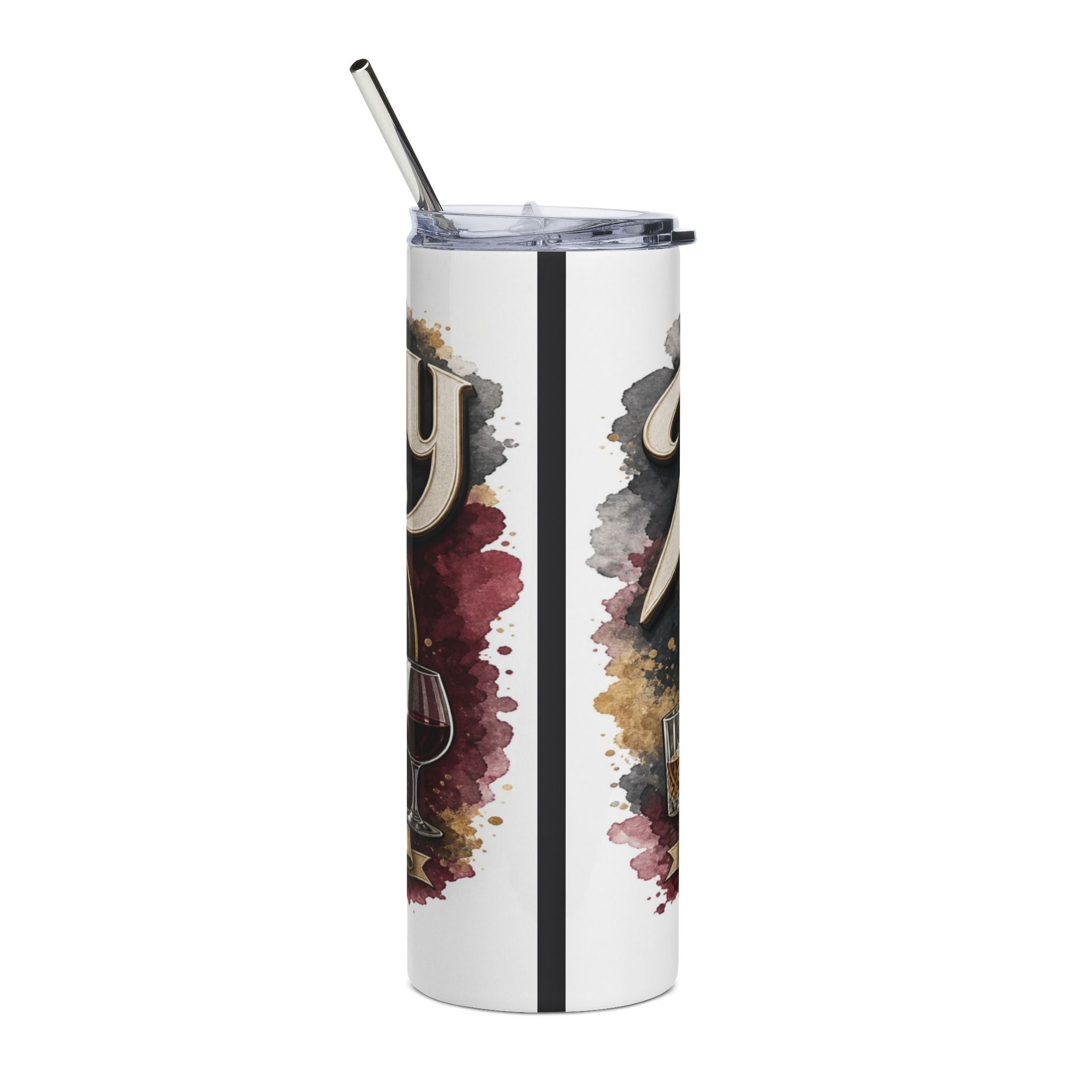 White tumbler with watercolor splashes, wine glass, and text.