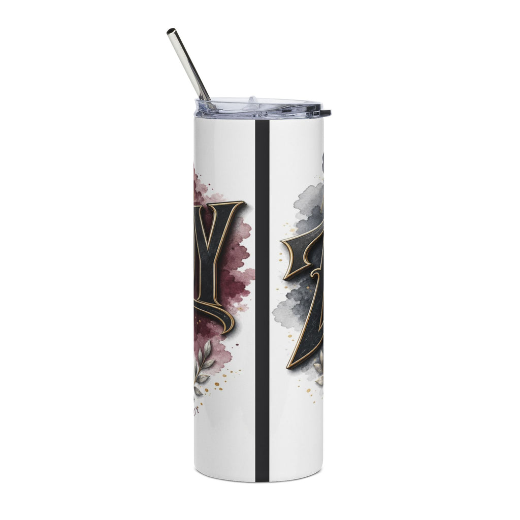 White tumbler with metallic straw, featuring "Y" and "X" in gothic font with watercolor splashes.