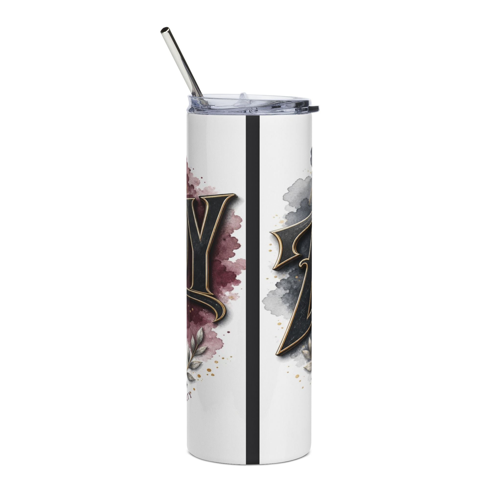White tumbler with metallic straw, featuring "Y" and "X" in gothic font with watercolor splashes.