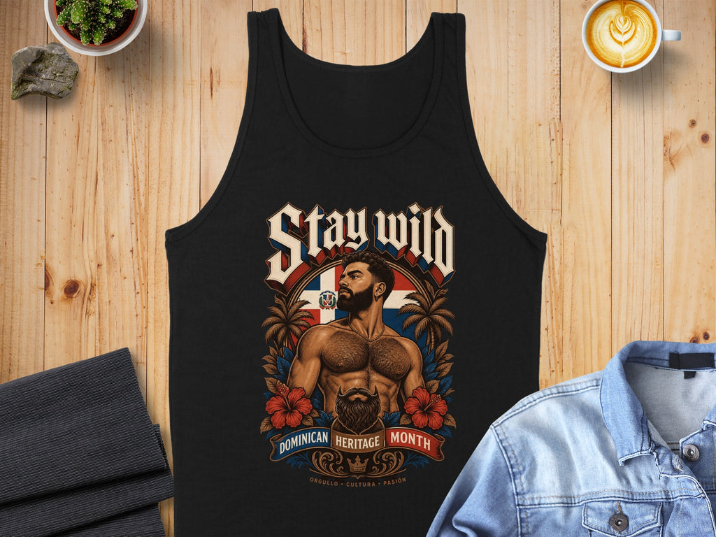 Black tank top with "Stay Wild" and Dominican Republic flag, featuring a man.