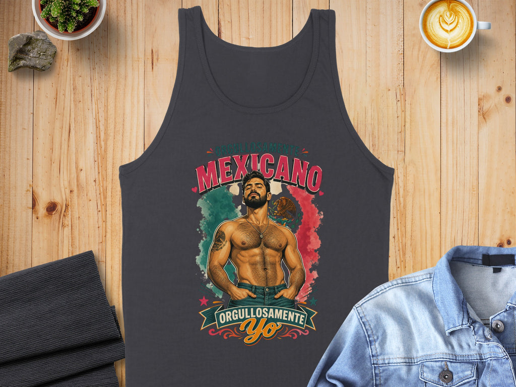 Tank top with "ORGULLOSAMENTE MEXICANO" text and illustration of a muscular man.