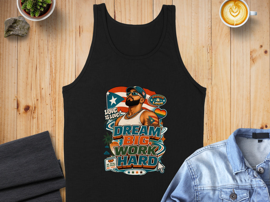 Black tank top with "Dream Big, Work Hard" slogan, LGBTQ+ pride, and diverse figures.