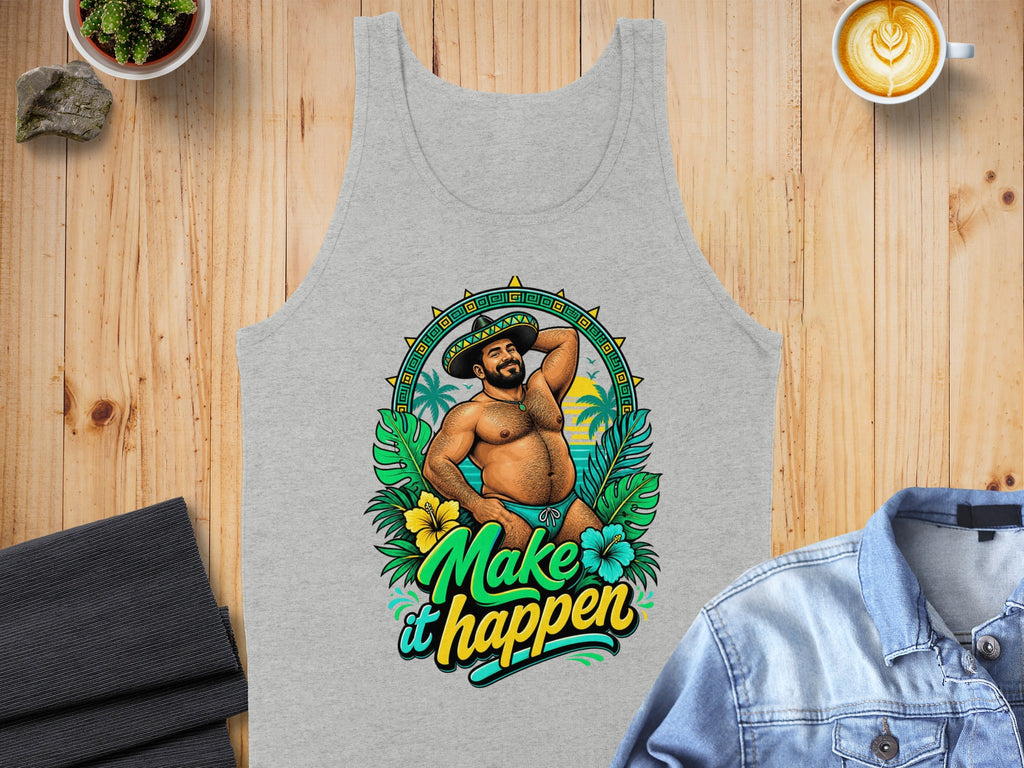 Gray tank top with a tropical graphic and the text "Make it happen".