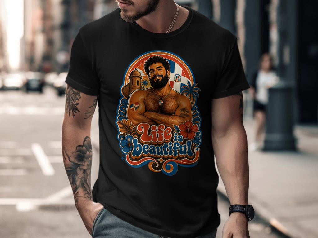 Black t-shirt with tropical design featuring a man and the Dominican flag.