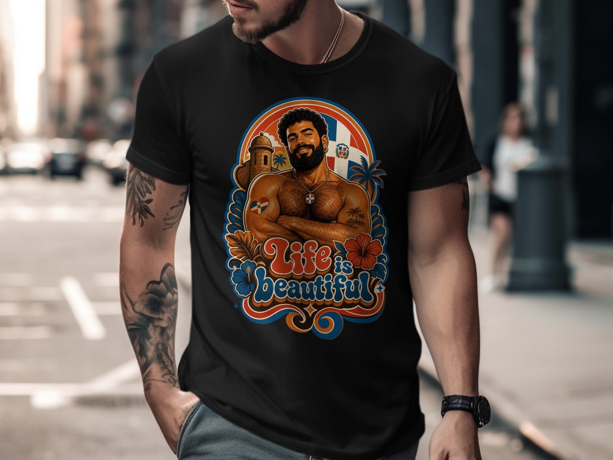 Black t-shirt with tropical design featuring a man and the Dominican flag.