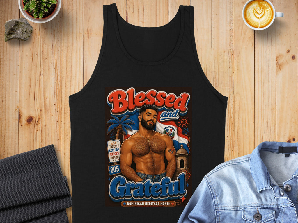 Black tank top with "Blessed and Grateful" and Dominican Republic flag graphic.