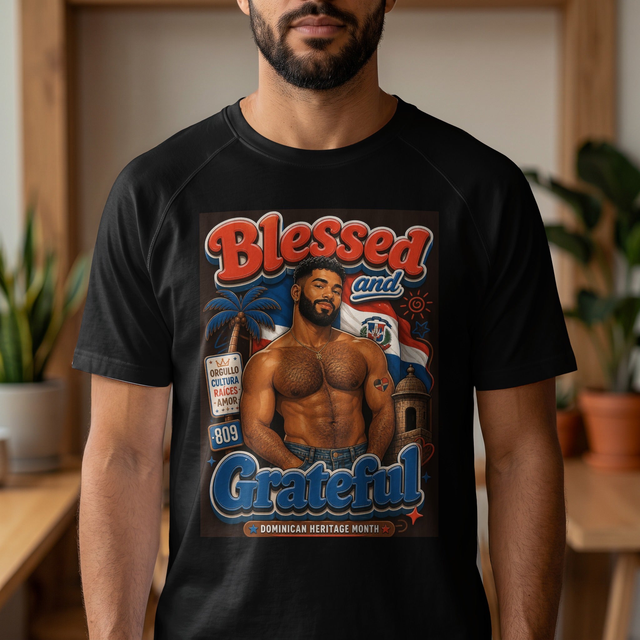 Dominican man wearing black t-shirt with "Blessed and Grateful" and Dominican flag design.