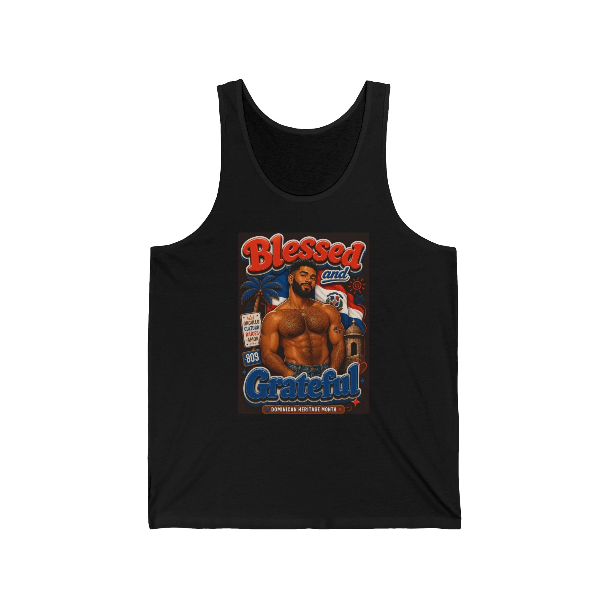 Man in tank top with "Blessed and Grateful Dominican Heritage Month" text.