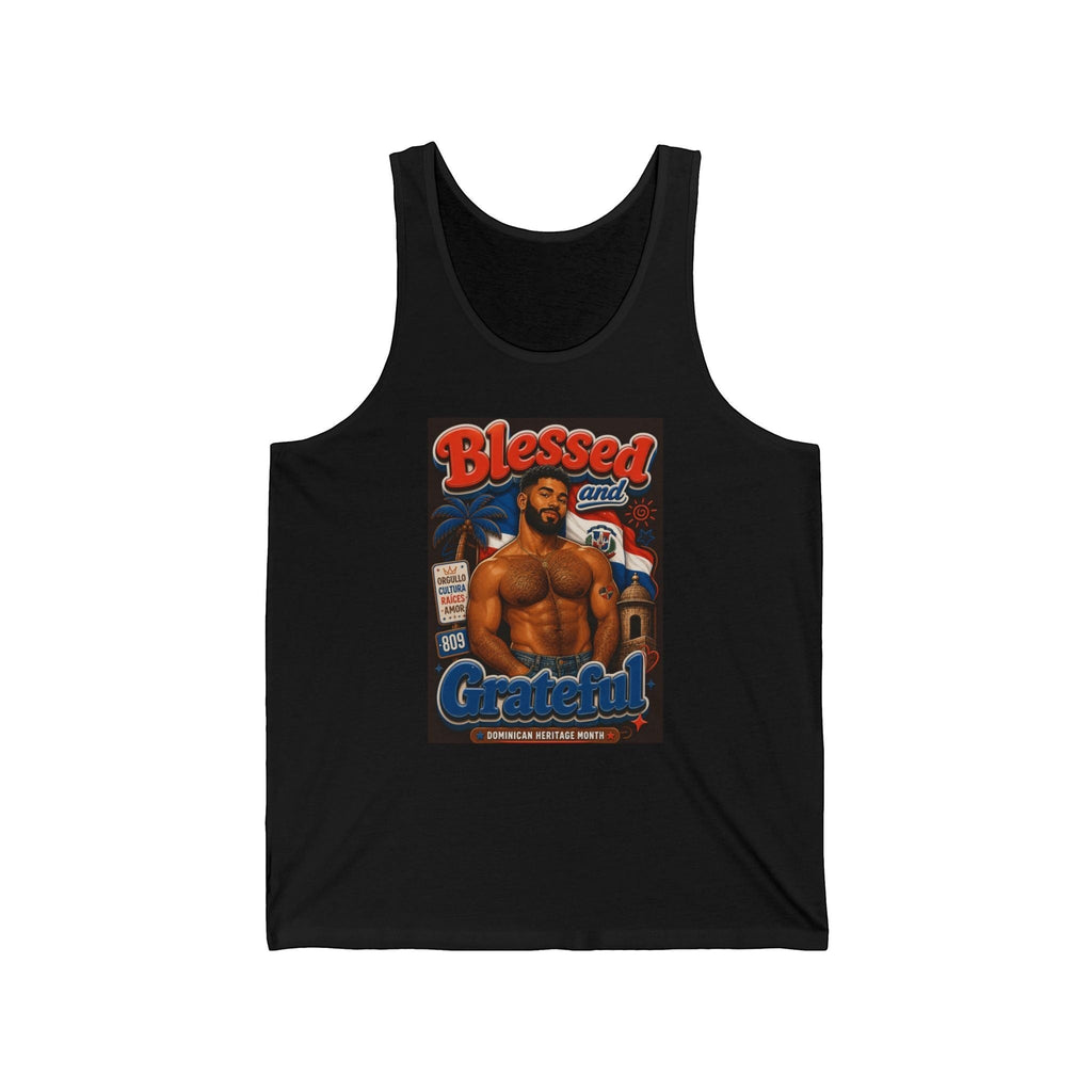 Man in tank top with "Blessed and Grateful Dominican Heritage Month" text.
