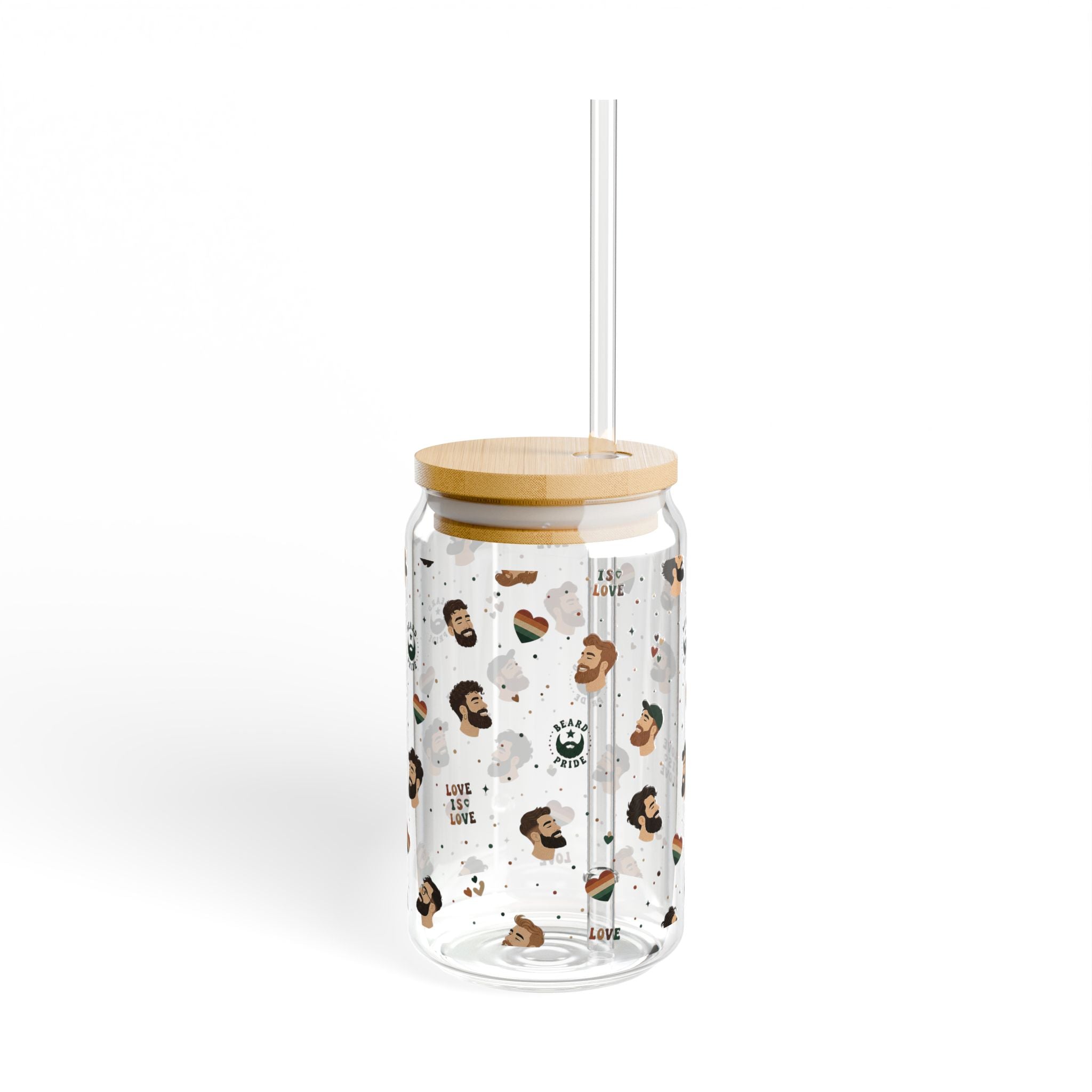 16oz Glass Sipper Tumbler with Bamboo Lid — 'Love is Love' Pride Face Pattern