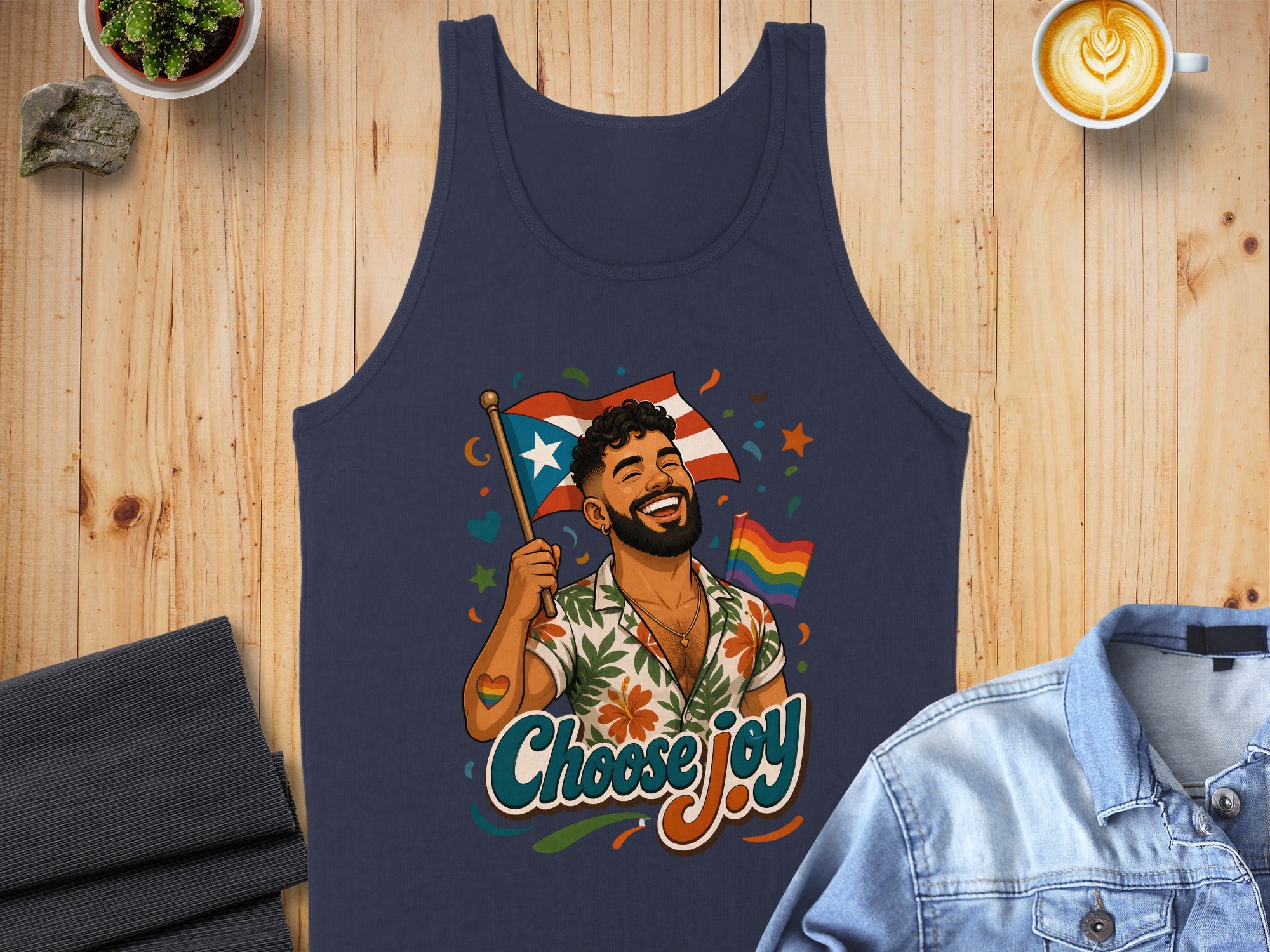 Man with rainbow flag, smiling, wearing floral shirt, "Choose Joy" text.