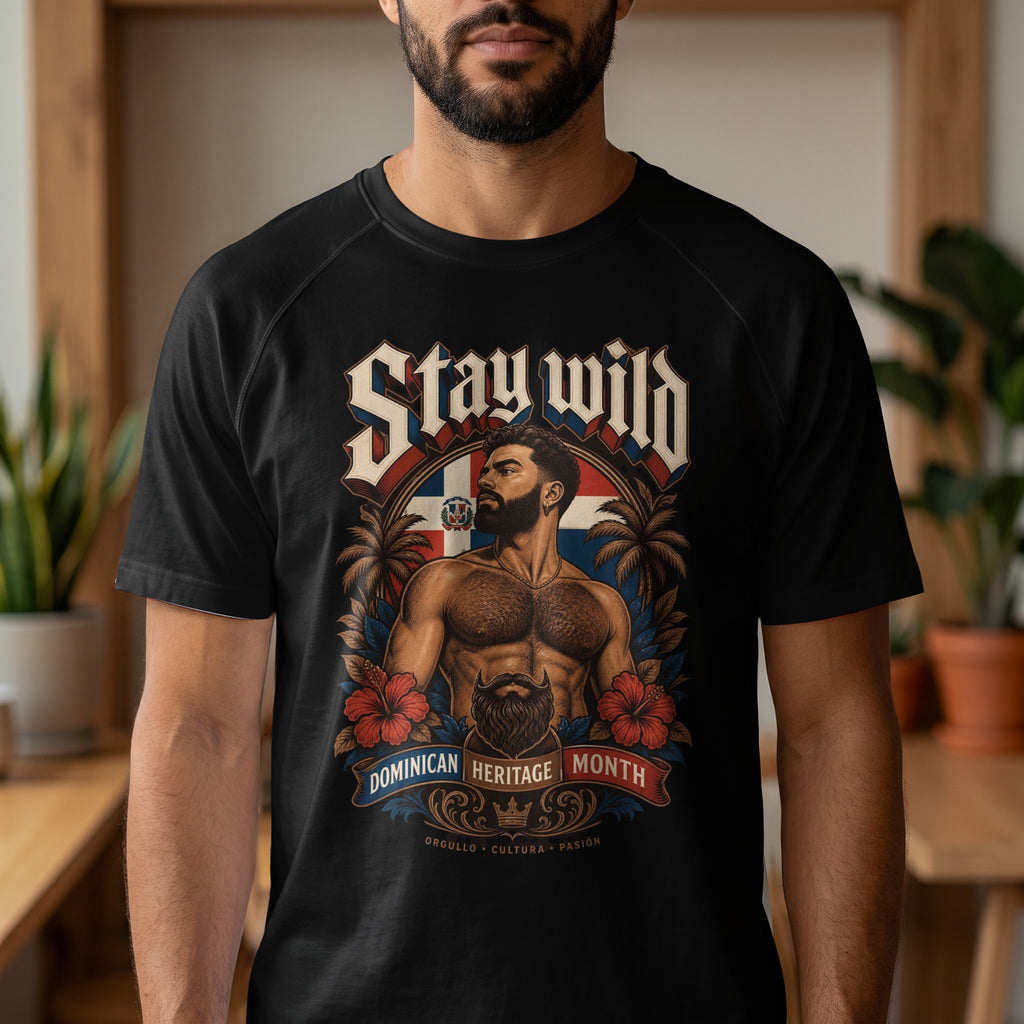 Black t-shirt featuring a man and Dominican flag with "Stay Wild" text.